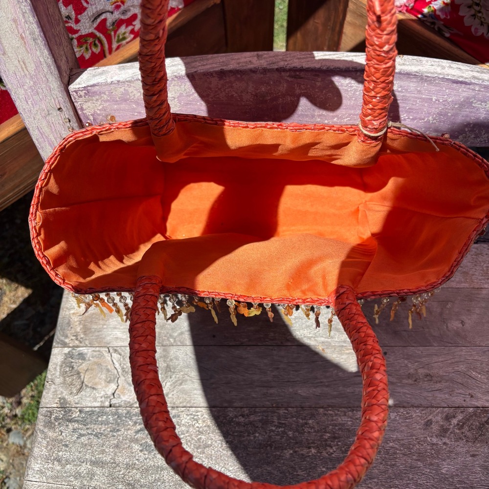 NWT Orange Straw Autumn Decorative Beaded Picnic Cottagecore Shoulder/Tote Bag - Picture 5 of 6